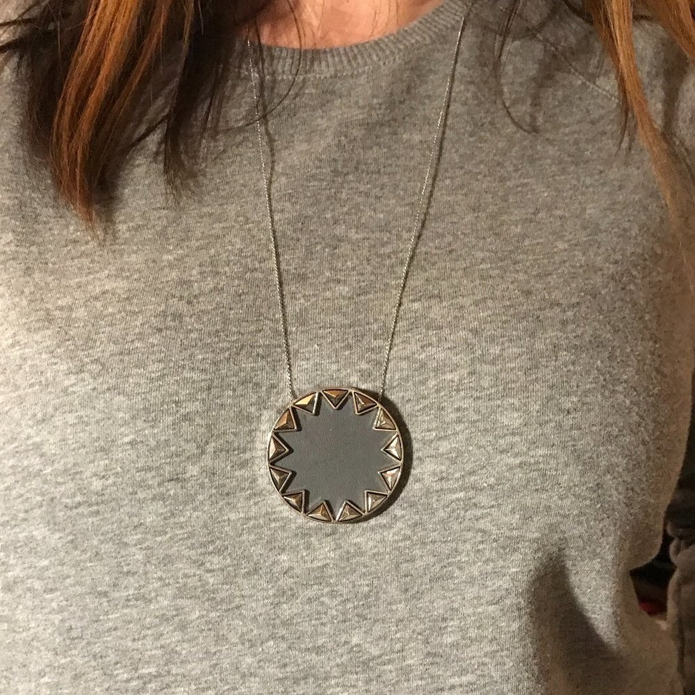House of Harlow 1960 Leather Sunburst Long Necklace Silver Tone Big Pendant
